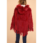 Poncho,cape en fourrure lapin,à capuche, Rouge